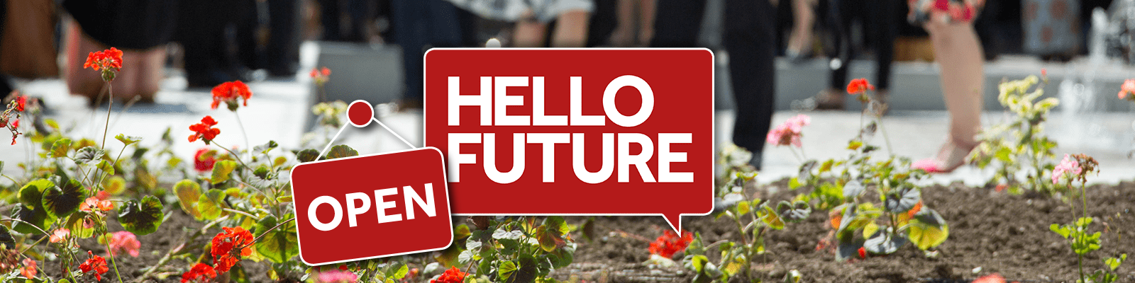 Hello Future logo set amongst flowers with an open sign.